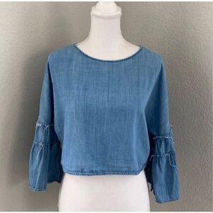 Zara Trafaluc Denimwear Chambray Tiered Bell Sleeve Crop Top Size XS